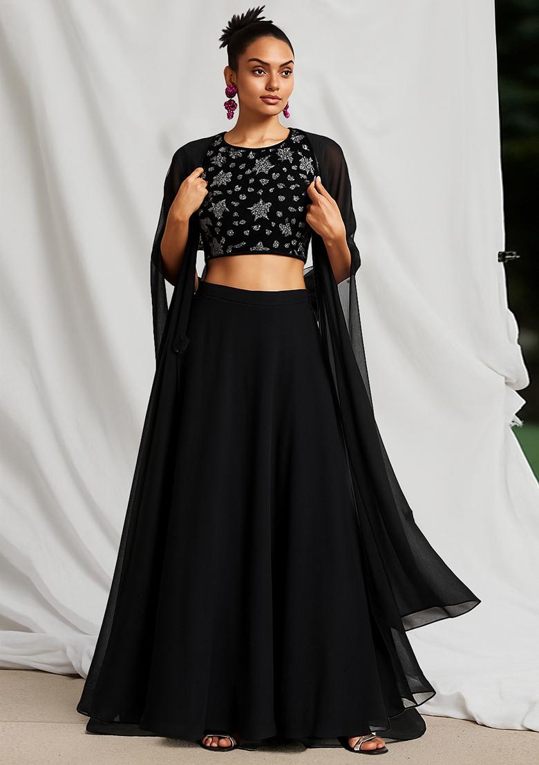 Black Embroidered Blouse Georgette Lehenga Set