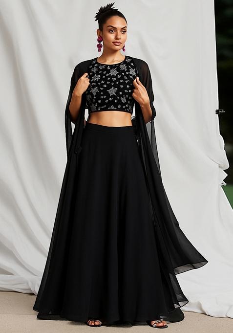 Black Embroidered Blouse Georgette Lehenga Set