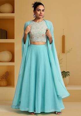 Sky Blue Embroidered Blouse Georgette Lehenga Set