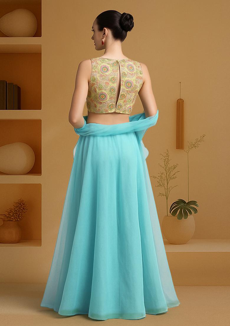 Sky Blue Embroidered Blouse Georgette Lehenga Set - Indya