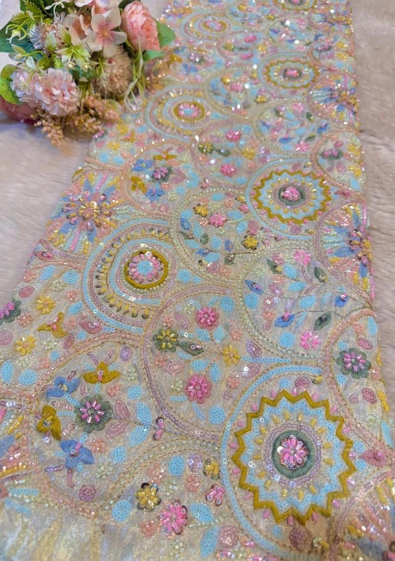 Sky Blue Embroidered Blouse Georgette Lehenga Set - Indya