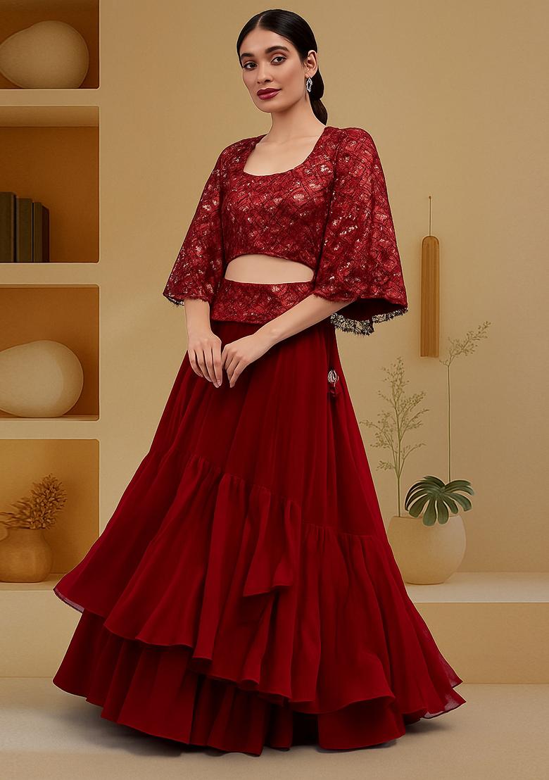 Maroon Embellished Blouse With Jacket Georgette Lehenga Set