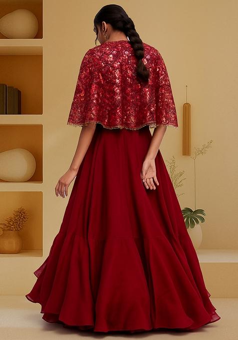 Maroon Embellished Blouse With Jacket Georgette Lehenga Set