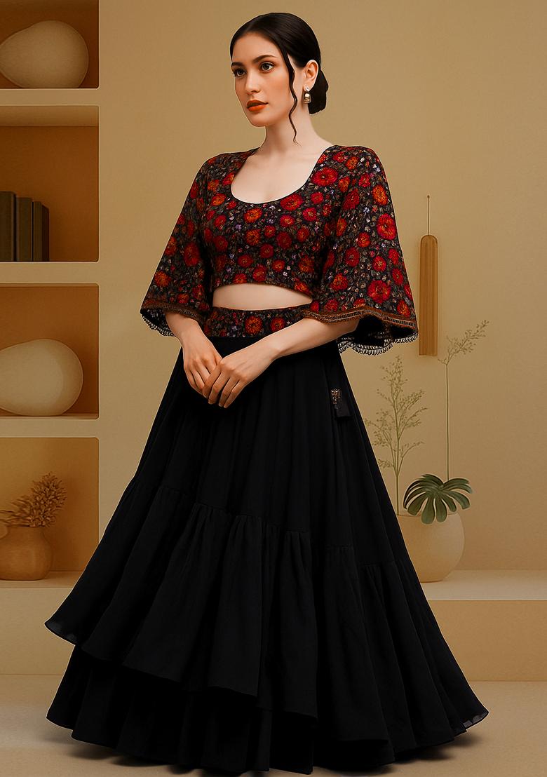 Black Embellished Blouse With Jacket Georgette Lehenga Set