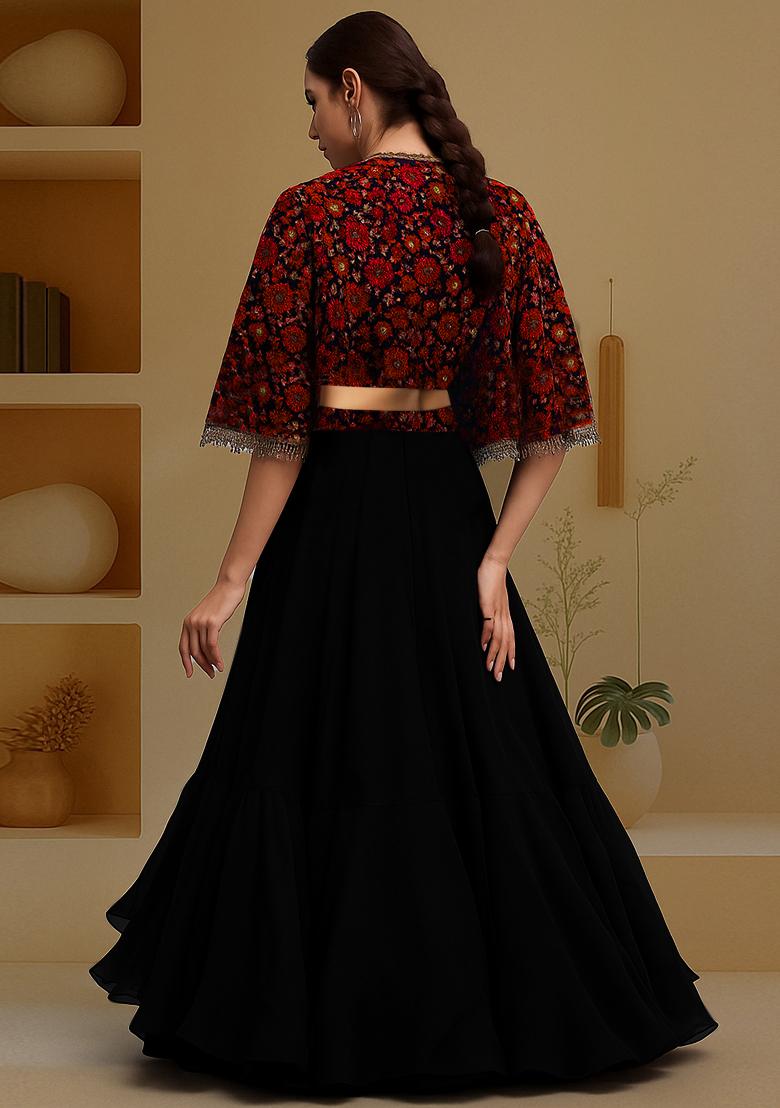 Black Embellished Blouse With Jacket Georgette Lehenga Set