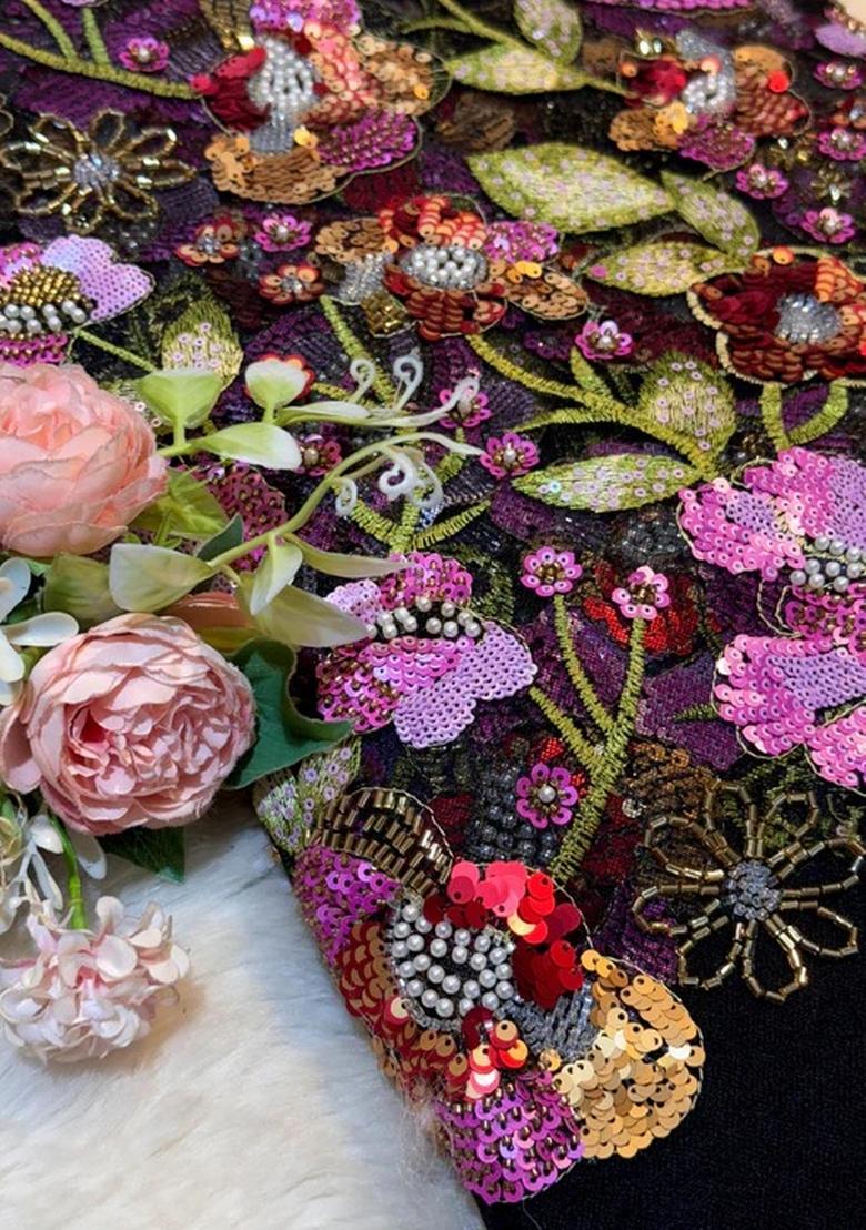 Black Embellished Blouse With Jacket Georgette Lehenga Set