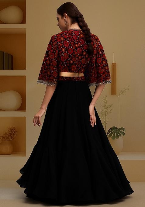 Black Embellished Blouse With Jacket Georgette Lehenga Set