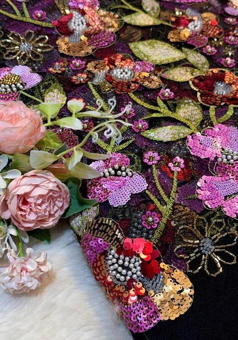 Black Embellished Blouse With Jacket Georgette Lehenga Set