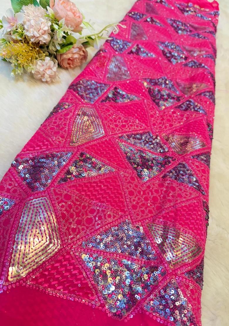 Hot Pink Embellished Blouse With Jacket Georgette Lehenga Set - Indya