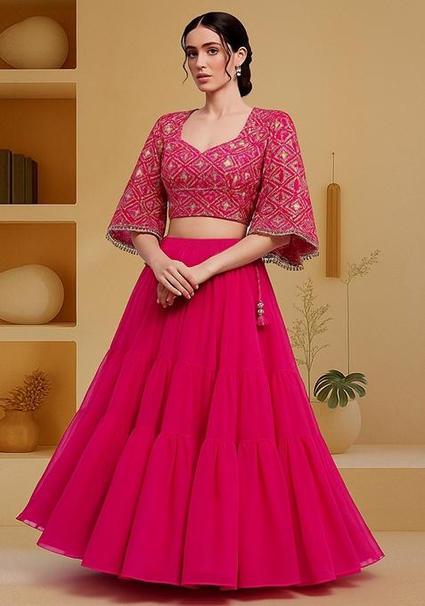 Hot Pink Embellished Blouse With Jacket Georgette Lehenga Set