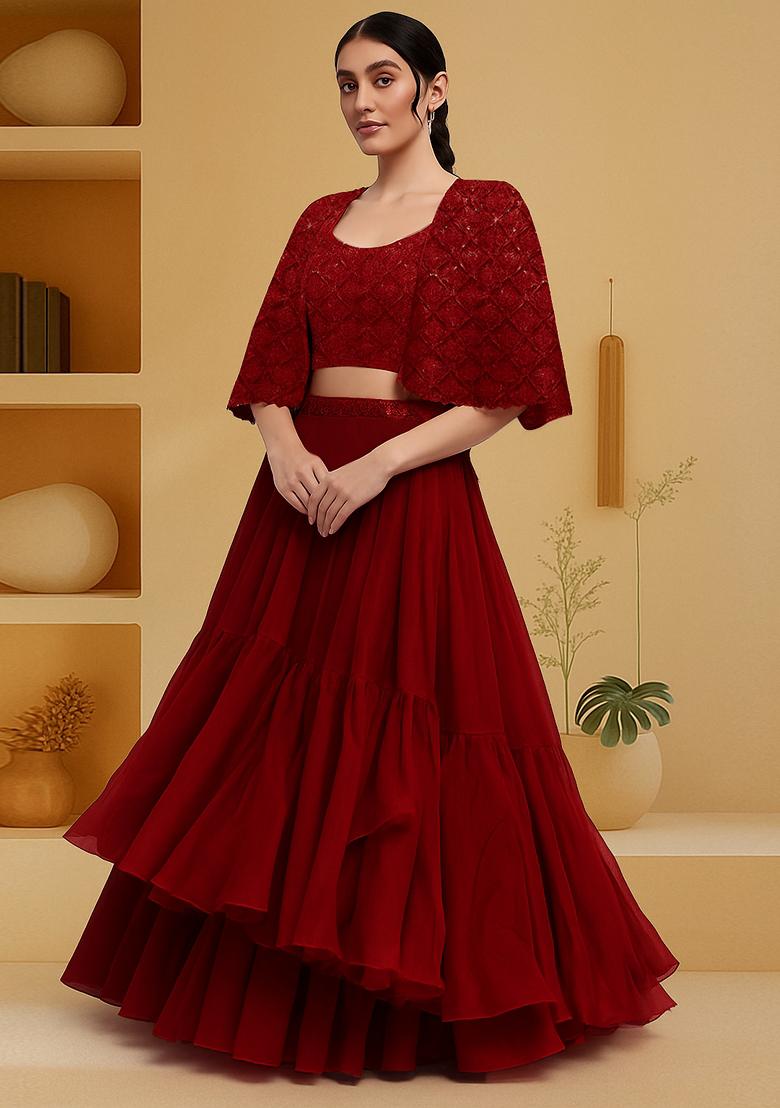 Deep Red Embellished Blouse With Jacket Georgette Lehenga Set