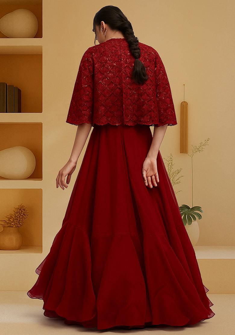 Deep Red Embellished Blouse With Jacket Georgette Lehenga Set - Indya