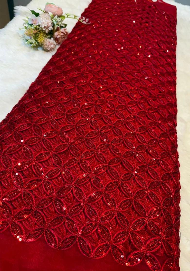 Deep Red Embellished Blouse With Jacket Georgette Lehenga Set - Indya