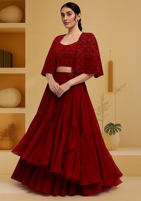 Deep Red Embellished Blouse With Jacket Georgette Lehenga Set