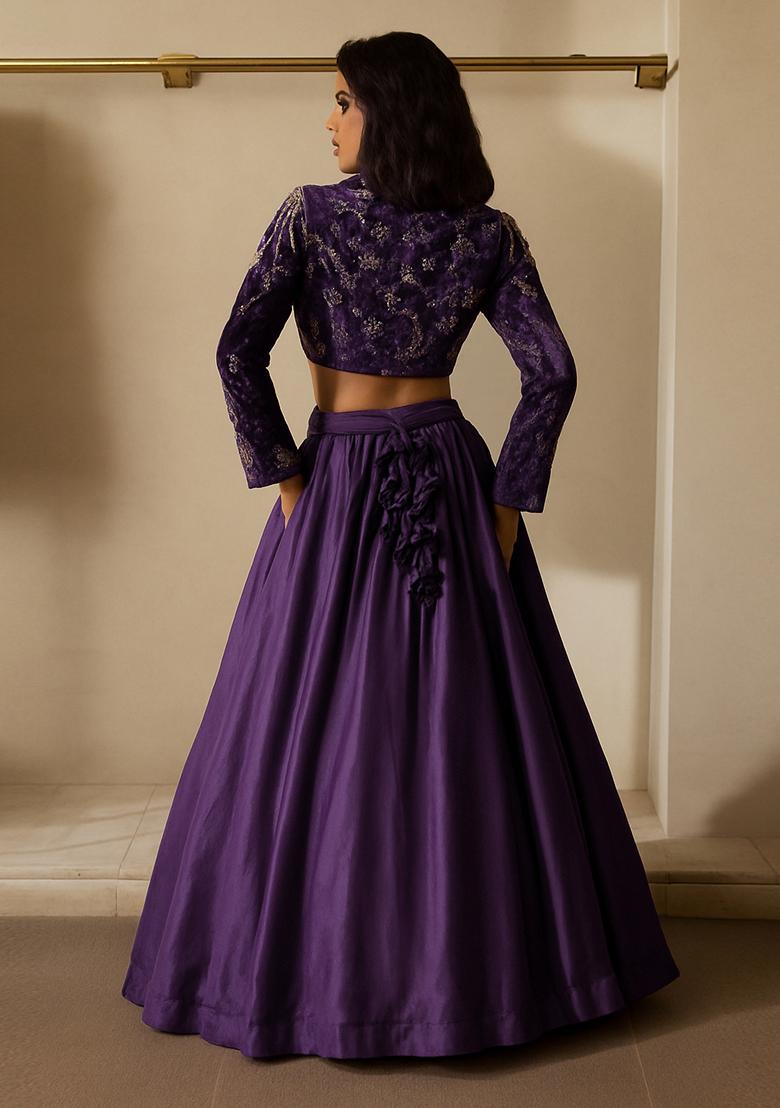 Deep Purple Embellished Jacket Chinon Lehenga Set - Indya