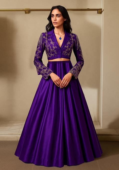 Deep Purple Embellished Jacket Chinon Lehenga Set