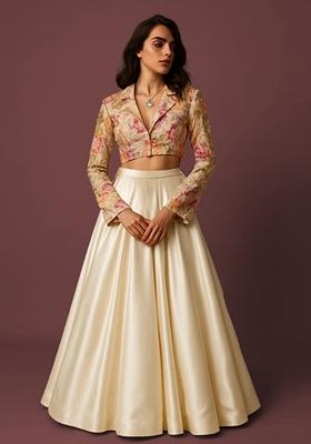 Beige Embroidered Jacket Chinon Lehenga Set