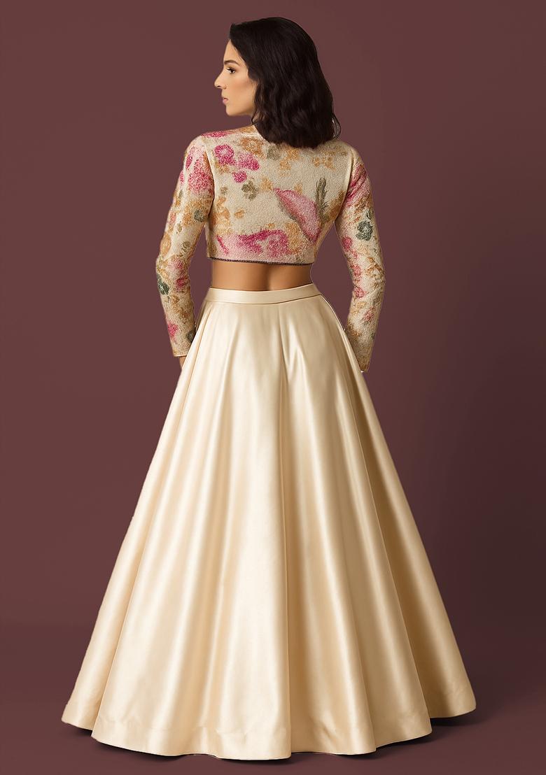 Beige Embroidered Jacket Chinon Lehenga Set - Indya