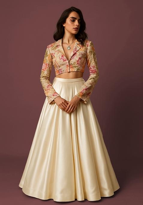 Beige Embroidered Jacket Chinon Lehenga Set