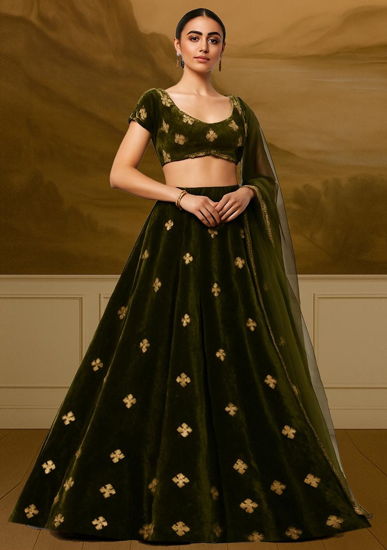Olive Green Embroidered Velvet Lehenga Set - Indya
