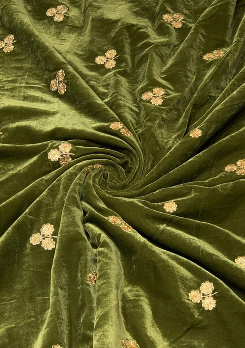 Olive Green Embroidered Velvet Lehenga Set - Indya