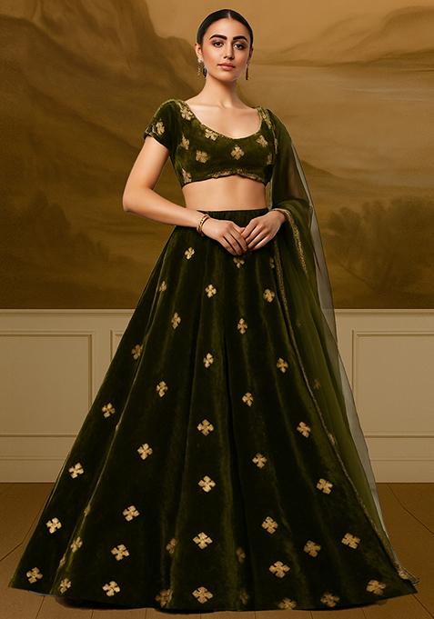 Olive Green Embroidered Velvet Lehenga Set