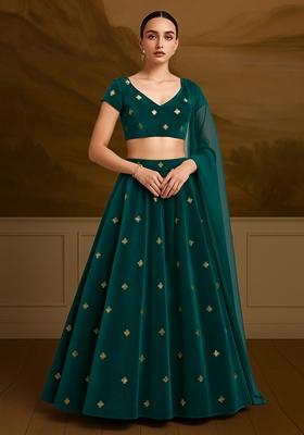 Teal Blue Embroidered Velvet Lehenga Set