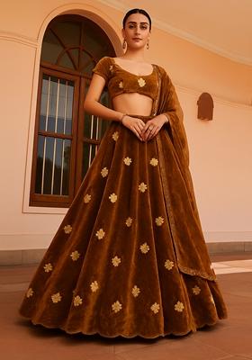 Mustard Brown Embroidered Velvet Lehenga Set