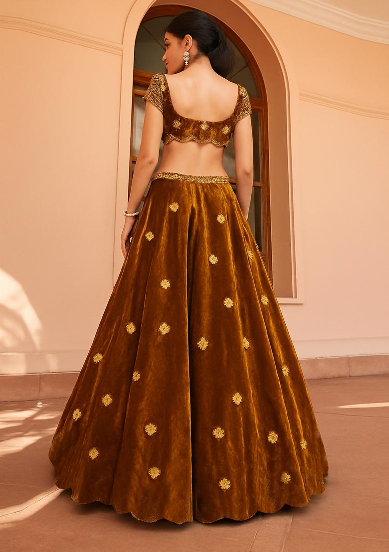 Mustard Brown Embroidered Velvet Lehenga Set - Indya