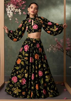 Black Printed Satin Crop Top Skirt Set