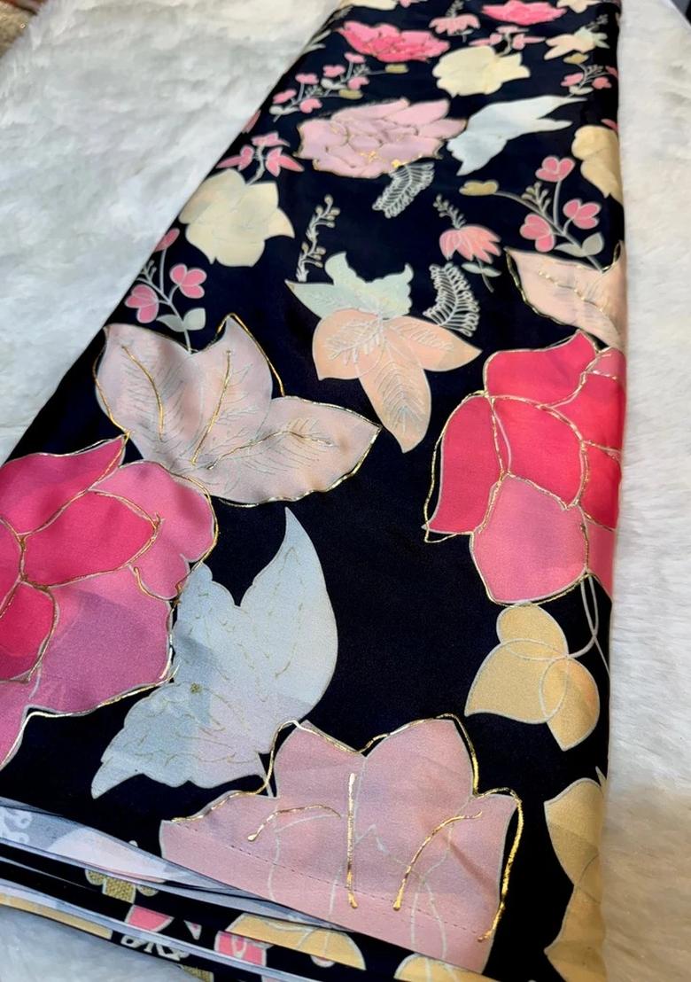 Black Printed Satin Crop Top Skirt Set - Indya