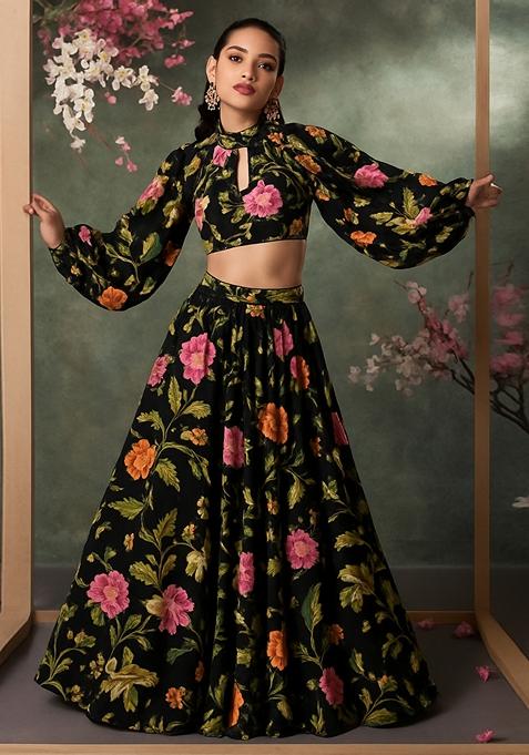 Black Printed Satin Crop Top Skirt Set