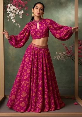 Hot Pink Printed Satin Crop Top Skirt Set