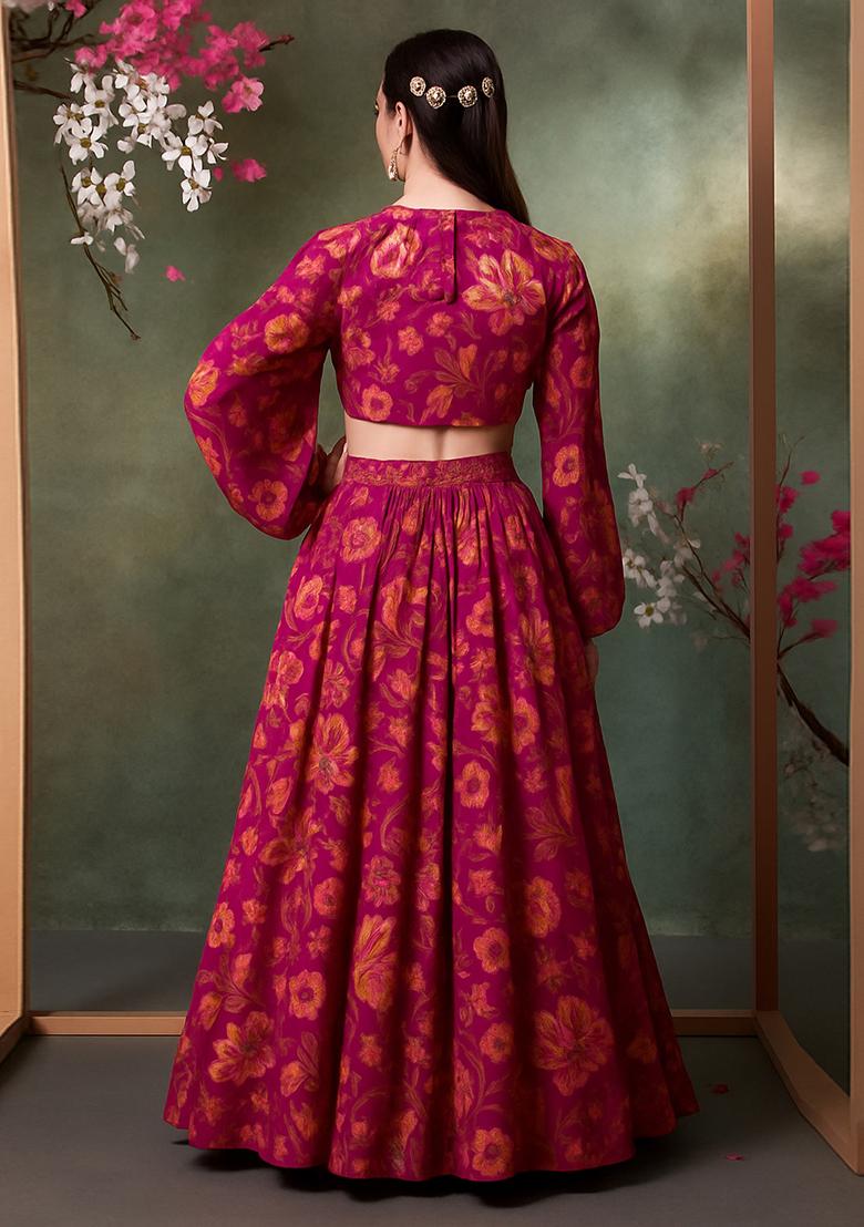 Hot Pink Printed Satin Crop Top Skirt Set - Indya