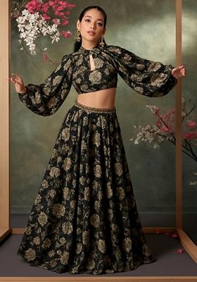 Black Printed Satin Crop Top Skirt Set