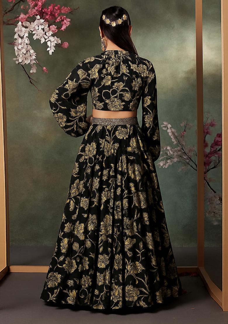 Black Printed Satin Crop Top Skirt Set