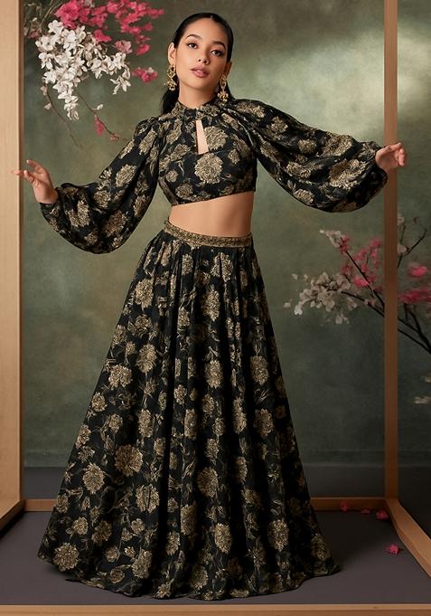 Black Printed Satin Crop Top Skirt Set