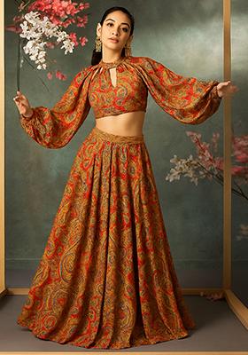 Maroon Printed Satin Crop Top Skirt Set