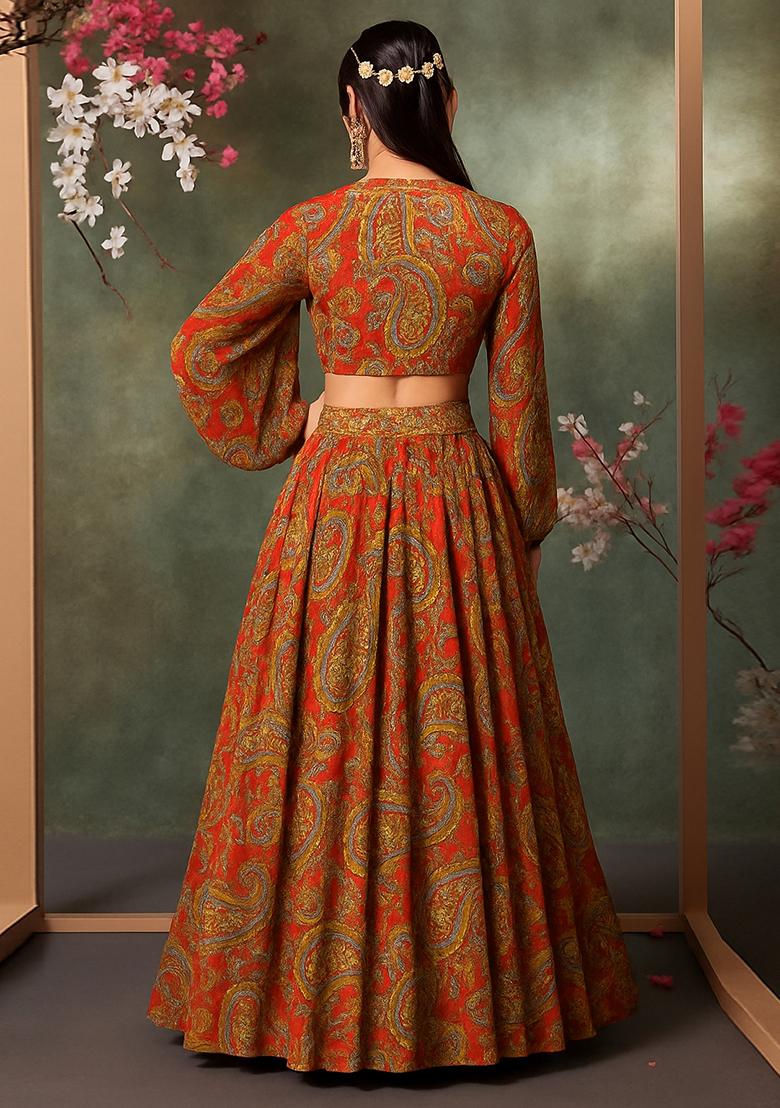 Maroon Printed Satin Crop Top Skirt Set - Indya