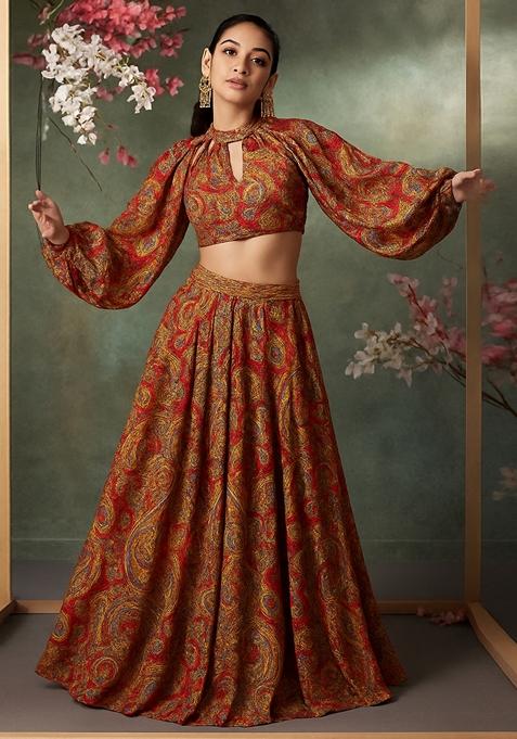 Maroon Printed Satin Crop Top Skirt Set