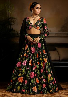 Black Printed Satin Georgette Lehenga Set