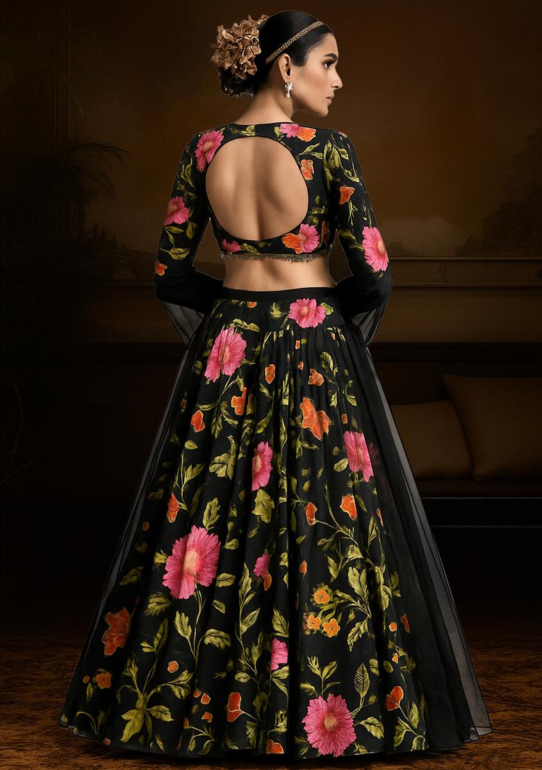 Black Printed Satin Georgette Lehenga Set - Indya