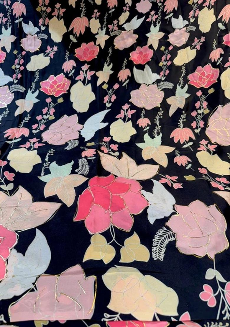 Black Printed Satin Georgette Lehenga Set - Indya