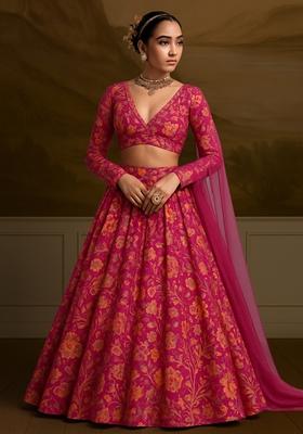 Hot Pink Printed Satin Georgette Lehenga Set