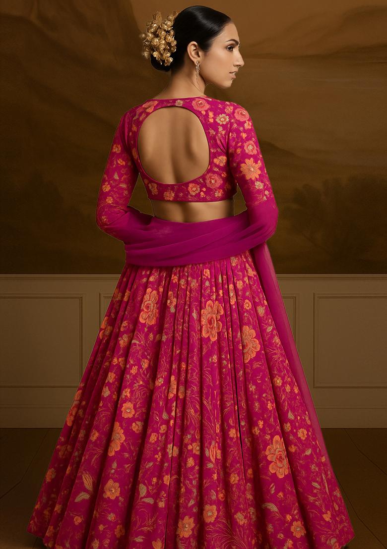 Hot Pink Printed Satin Georgette Lehenga Set - Indya