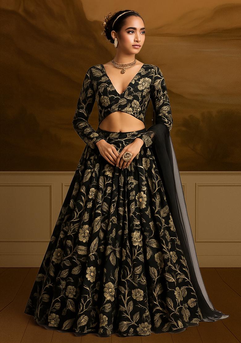 Black Printed Satin Georgette Lehenga Set - Indya