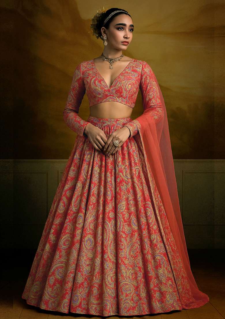Maroon Printed Satin Georgette Lehenga Set - Indya