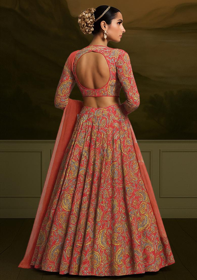 Maroon Printed Satin Georgette Lehenga Set - Indya