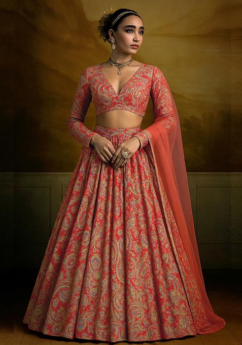 Maroon Printed Satin Georgette Lehenga Set