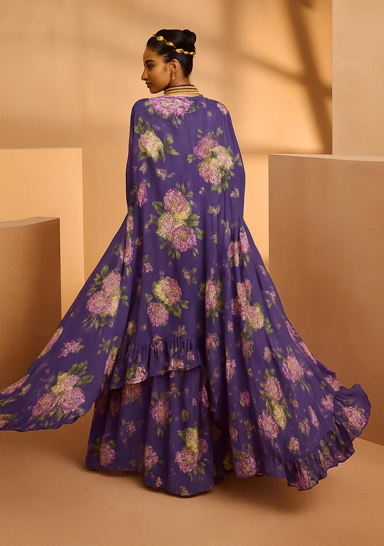 Purple Printed Satin Georgette Lehenga Set - Indya